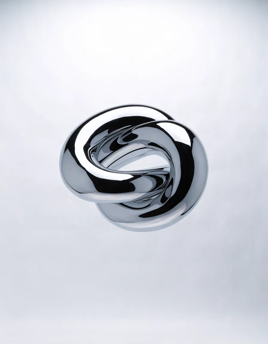 LUSTRE specimen 01, Fold: a liquid-chrome sculpture on a pale studio backdrop.