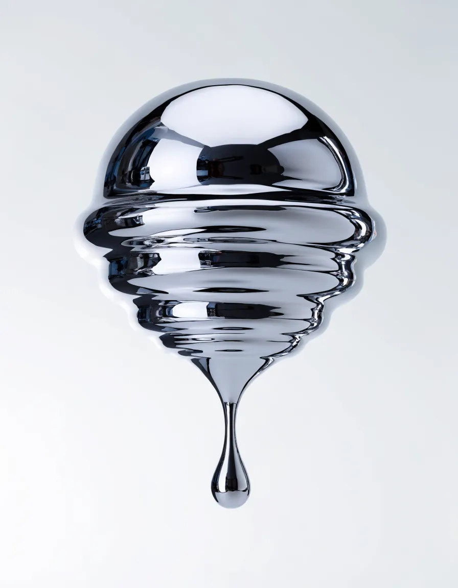 LUSTRE specimen 02, Meniscus: a liquid-chrome sculpture on a pale studio backdrop.