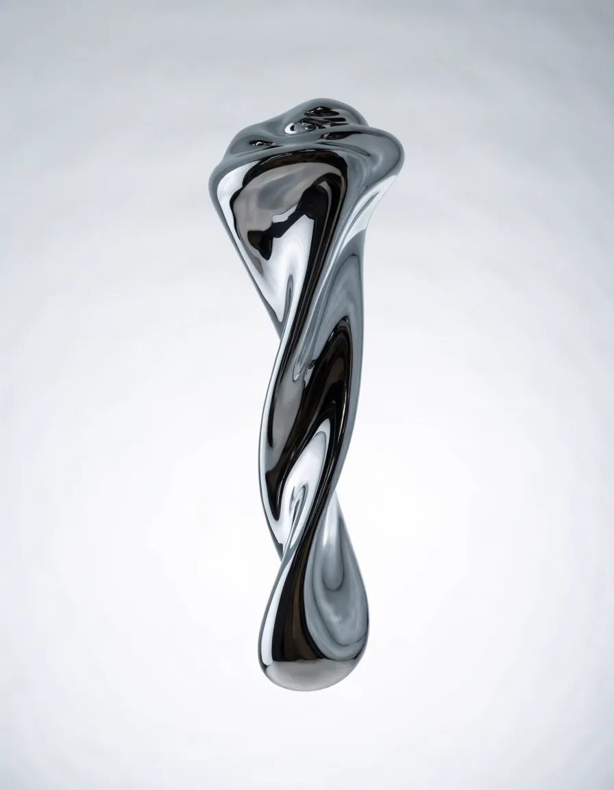 LUSTRE specimen 03, Monolith: a liquid-chrome sculpture on a pale studio backdrop.